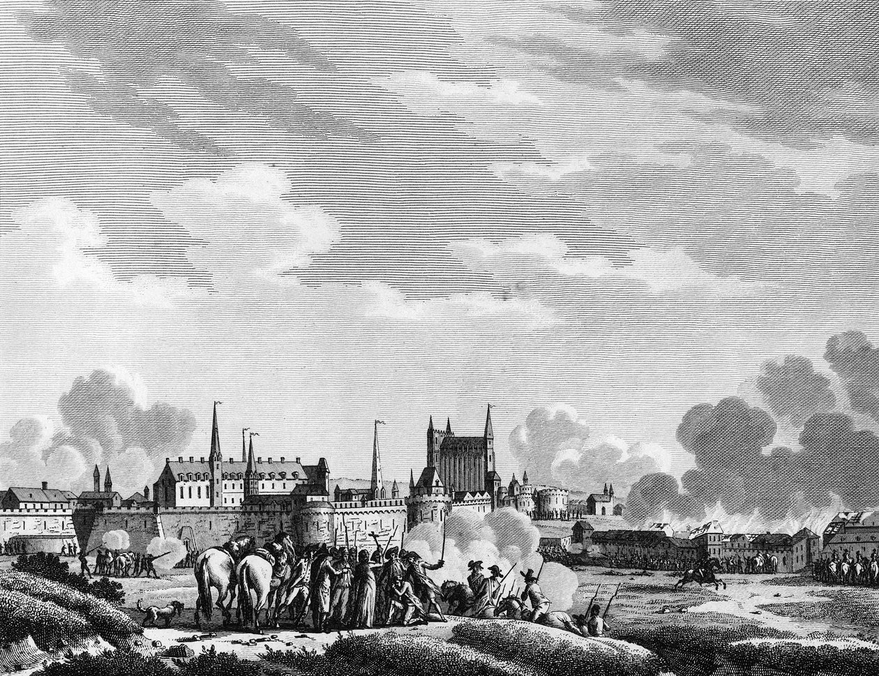 Ranskan vallankumous: Vendeenien hyökkäys Nantesiin 29. kesäkuuta 1793. Berthautin kaiverrus Swebach Parisin mukaan, Vallankumouksen historian instituutin kirjasto tekijältä Jacques Francois Joseph Swebach
