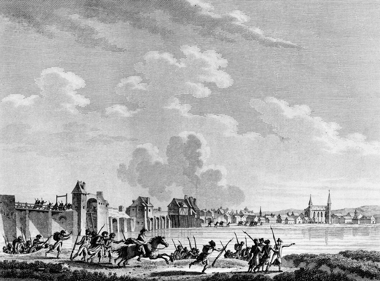 Ranskan vallankumous: Deroute de Passy (Pacy sur Eure tai Pacy-sur-Eure) 13. heinäkuuta 1793. Berthautin kaiverrus Swebachin mukaan. Pariisi, Vallankumouksen historian instituutin kirjasto tekijältä Jacques Francois Joseph Swebach
