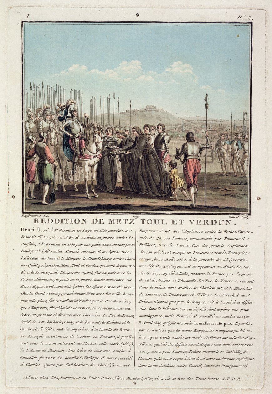 Henri II (1519-59) saa Metzin, Toulin ja Verdunin (1552) avaimet, kaiverrettu Jean Baptiste Morret (fl.1790-1820), 1790 (värillinen lito) tekijältä Jacques Francois Joseph Swebach