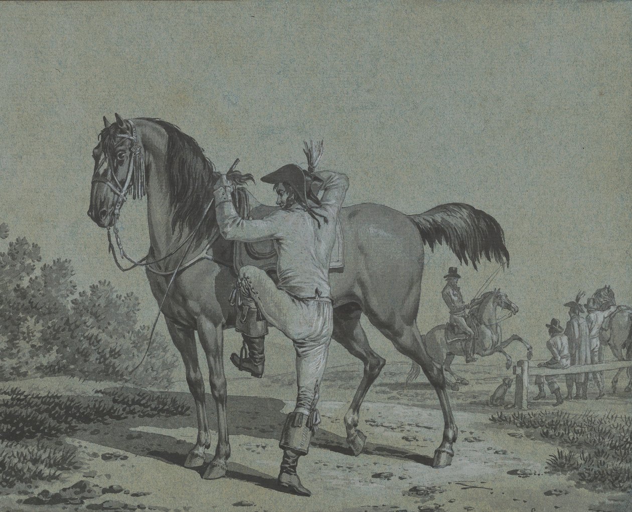 Mies nousemassa hevoselle,. tekijältä Jacques Francois Joseph Swebach
