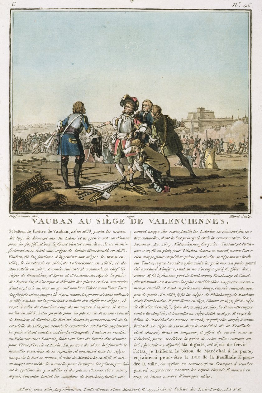 Sebastien le Prestre de Vauban (1633-1707) Valenciennesin piirityksessä (1677), kaiverrus Jean Baptiste Morret (fl.1790-1820), 1790 (värillinen lito) tekijältä Jacques Francois Joseph Swebach