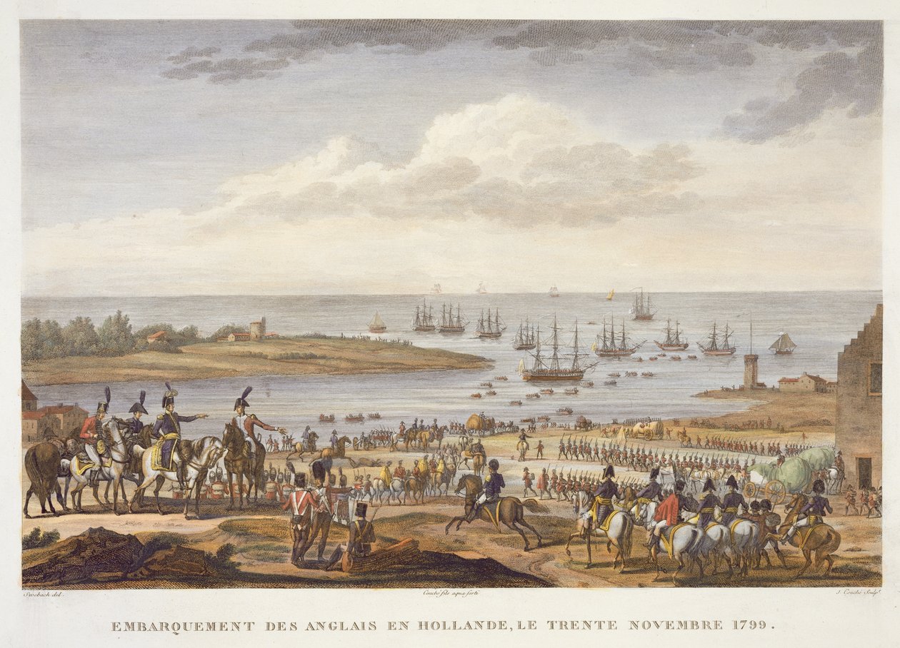 The Embarkation of the Englanti Hollannissa, 30. marraskuuta 1799, kaiverrus Louis Francois Couche (1782-1849) (akvatinta) tekijältä Jacques Francois Joseph Swebach