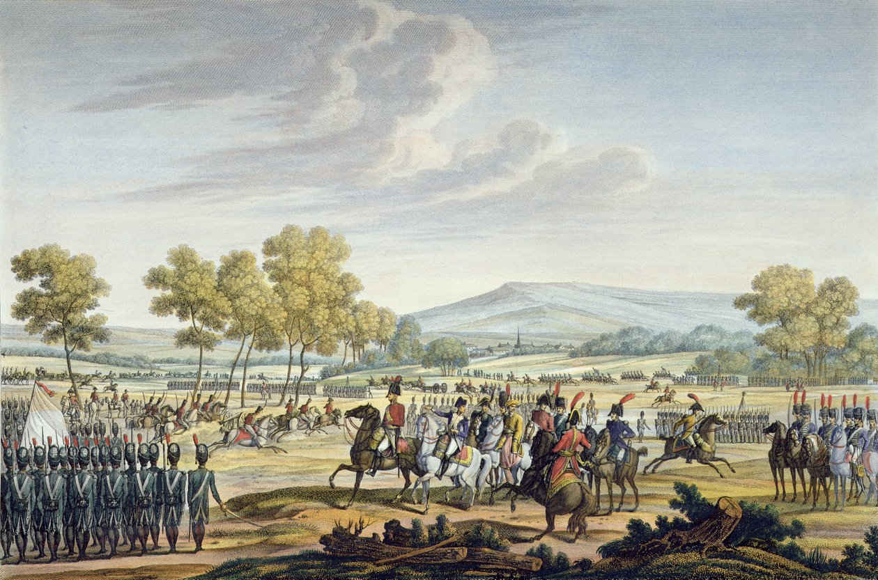 Keisarillinen kaarti ohjaamassa kahden keisarin läsnäollessa Tilsitissä, 28. kesäkuuta 1807, kaiverrus Edme Bovinet (1767-1832) (akvatinta) tekijältä Jacques Francois Joseph Swebach