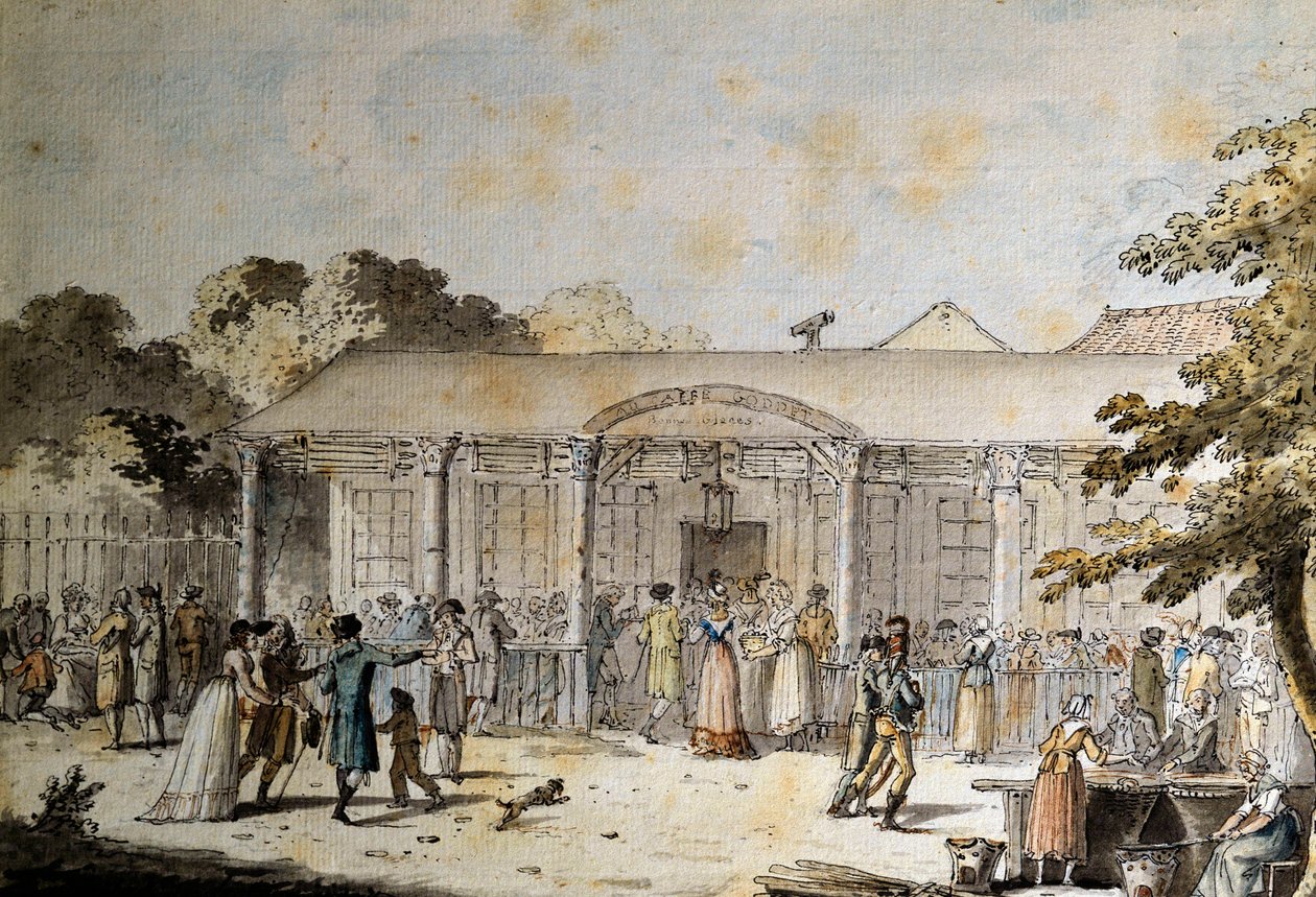 Näkymä Cafe Goddet (tai Godet), Boulevard du Temple, konsulaatin aikaan tekijältä Jacques Francois Joseph Swebach