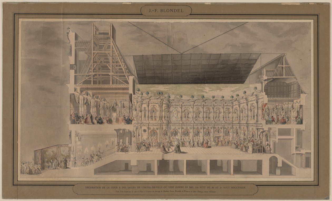 Hôtel de Ville -hotellin poikkileikkaus perspektiivissä, jossa näkyy sisäpihan ja huoneiden koristelu ja valaistus, joka on luotu juhlat 30. ja 31. elokuuta 1739 yönä tekijältä Jacques François Blondel