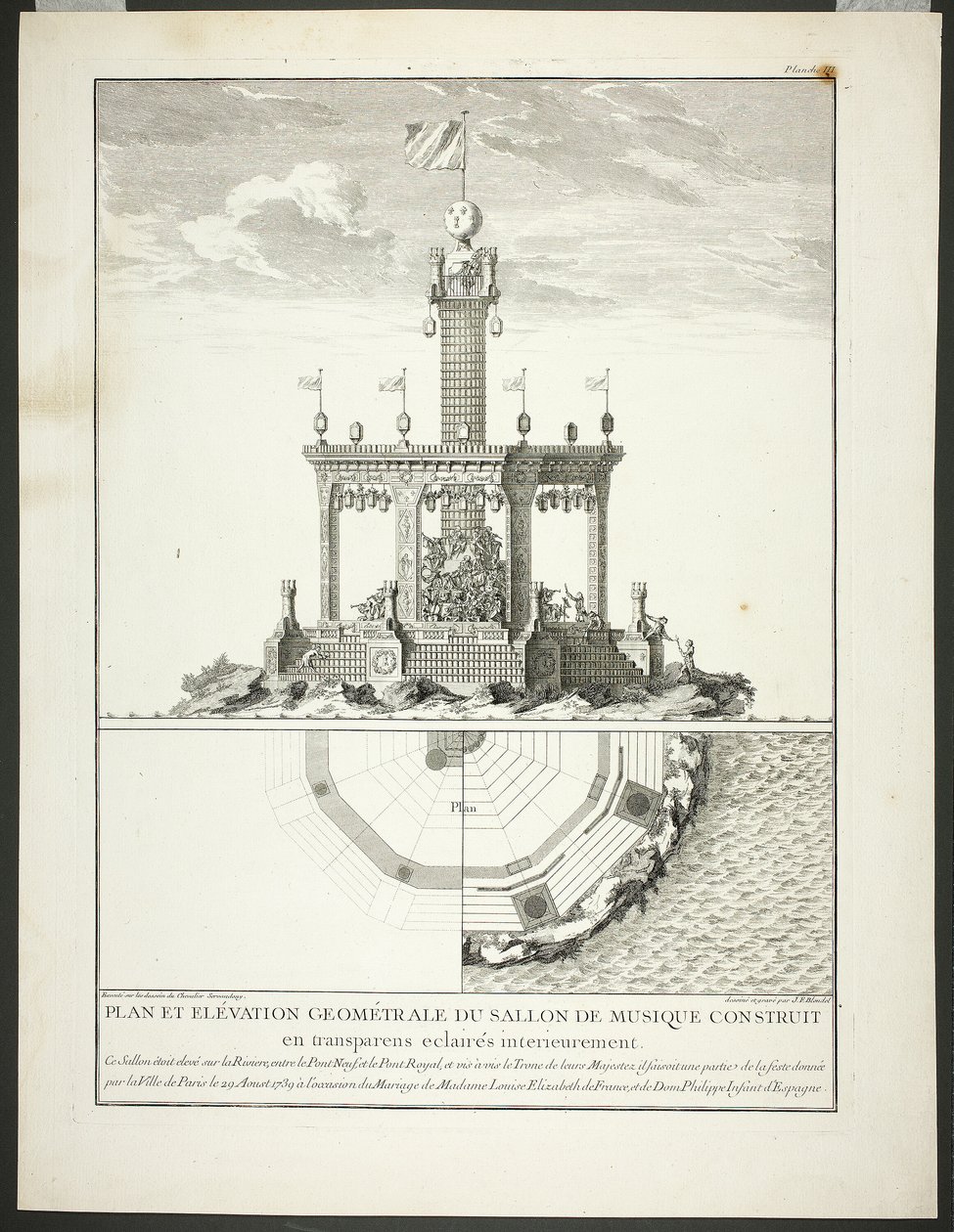 Musiikkihuoneen pohjapiirros ja korkeusnäkymä, levy kolme teoksesta Description des Festes Données par la Ville de Paris. tekijältä Jacques François Blondel