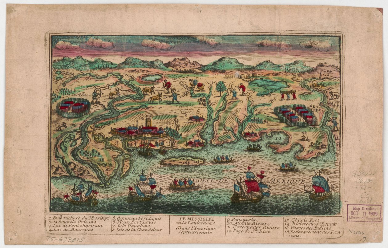 Missisipi tai Louisiana Pohjois-Amerikassa. LOC 75693015 tekijältä Jacques François Chéreau