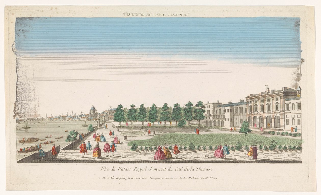 Näkymä Somerset Housesta Thames-joella Lontoossa Le Palais Royal de Somerset (otsikko esineessä) tekijältä Jacques Gabriel Huquier