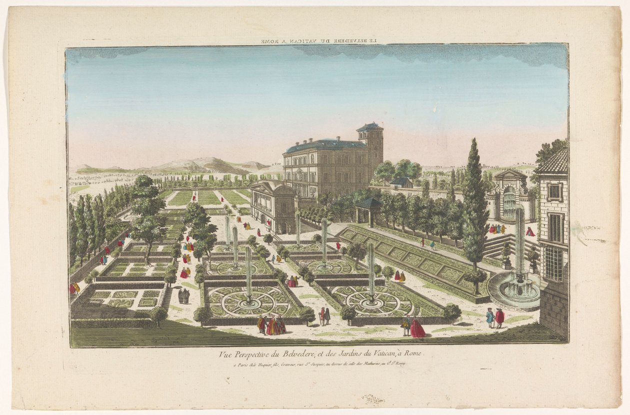 Näkymä Giardini Vaticanista Vatikaanissa Le Belvedere du Vatican a Rome (otsikko esineessä) tekijältä Jacques Gabriel Huquier