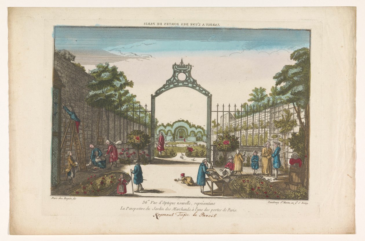 Gezicht op de Jardin des Marchands te Parijs Puutarha yhdellä Pariisin porteista (otsikko esineessä) tekijältä Jacques Gabriel Huquier
