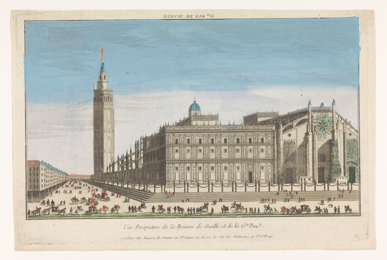 Näkymä Sevillan katedraalille Gde. rue de Seville (otsikko esineessä) tekijältä Jacques Gabriel Huquier