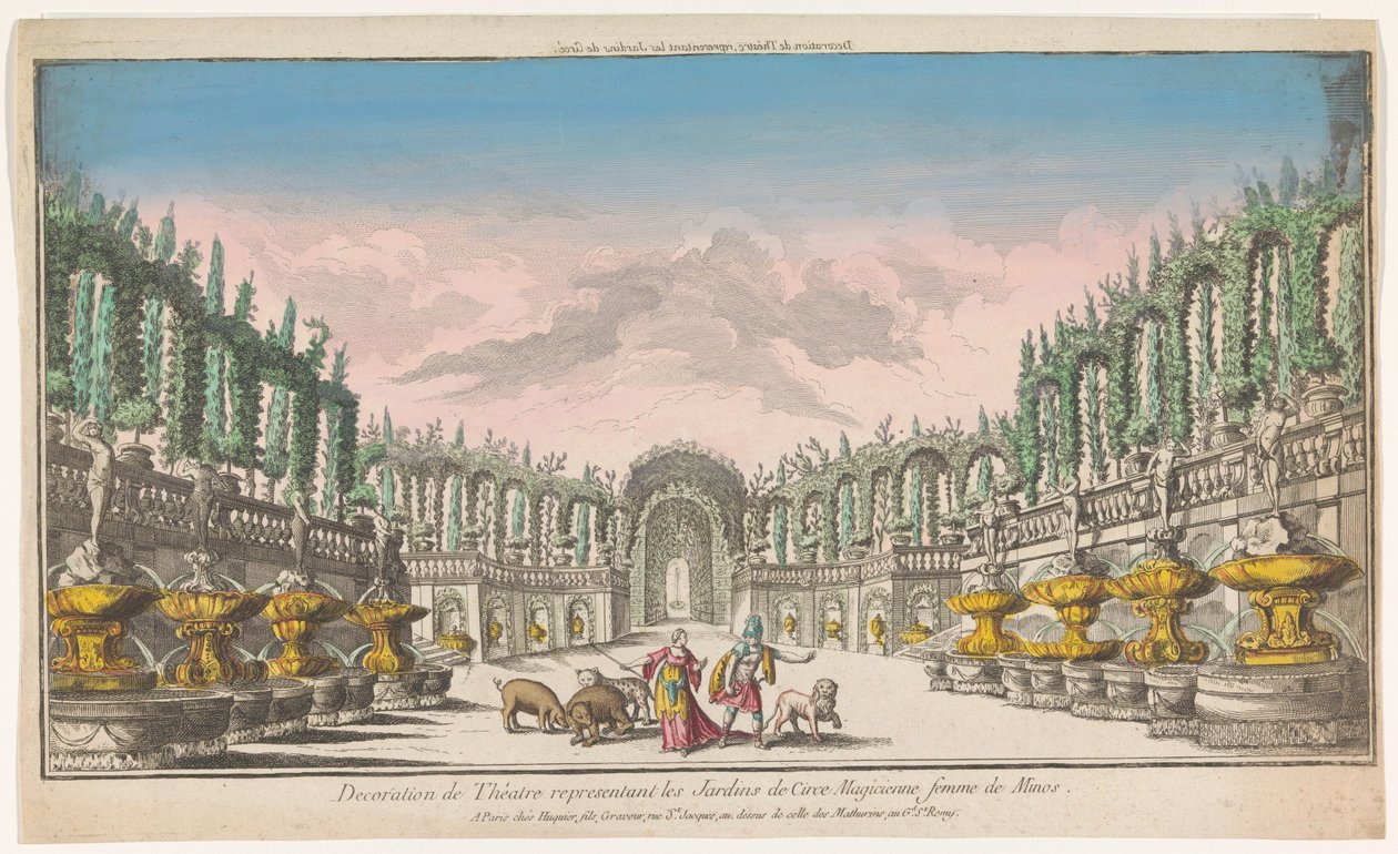 Näkymä Circen puutarhaan Decoration de theatre, Les Jardins de Circen edustaja (otsikko esineessä) tekijältä Jacques Gabriel Huquier