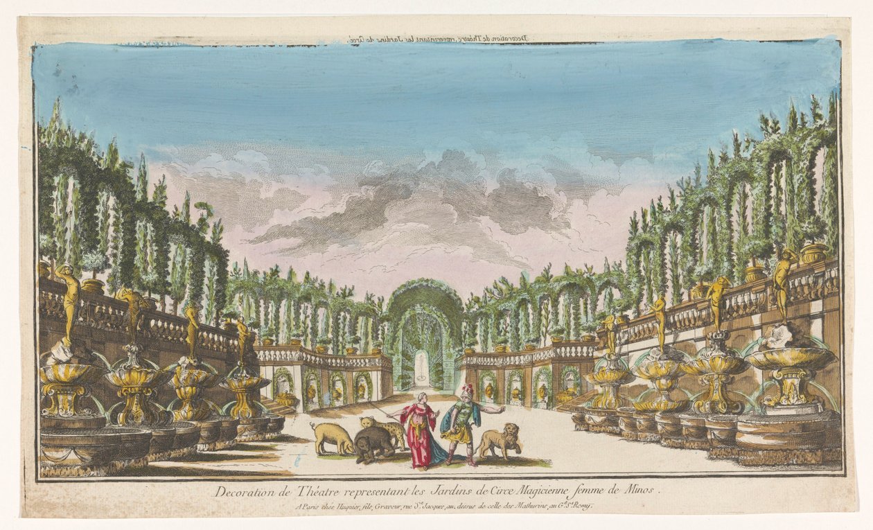 Näkymä Circen puutarhaan Decoration de theatre, Les jardins de Circen edustaja (otsikko esineessä) tekijältä Jacques Gabriel Huquier
