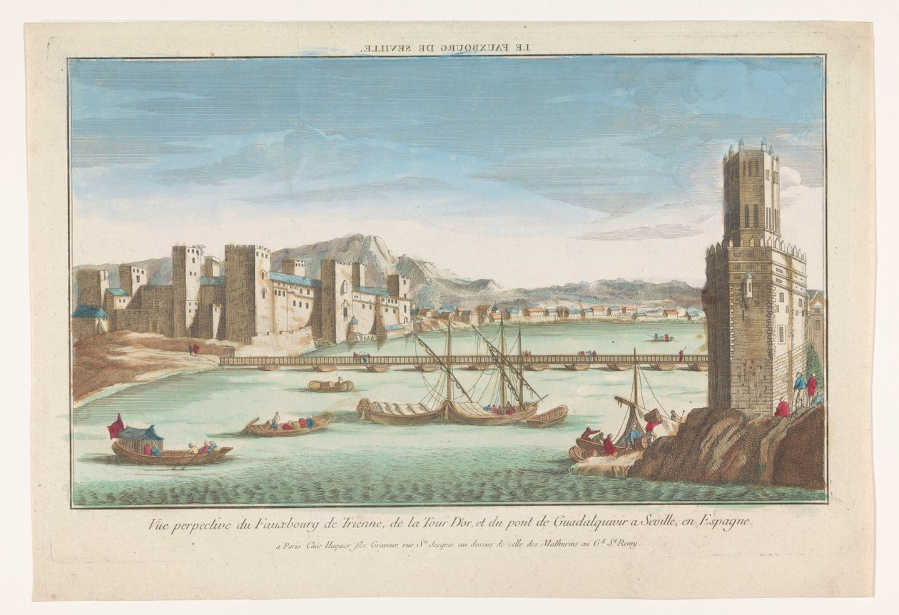 Näkymä Trianan alueelle, sillalle Guadalquivir-joen ja Torre del Oron yli Sevillassa Le fauxbourg de Seville (otsikko esineessä) tekijältä Jacques Gabriel Huquier