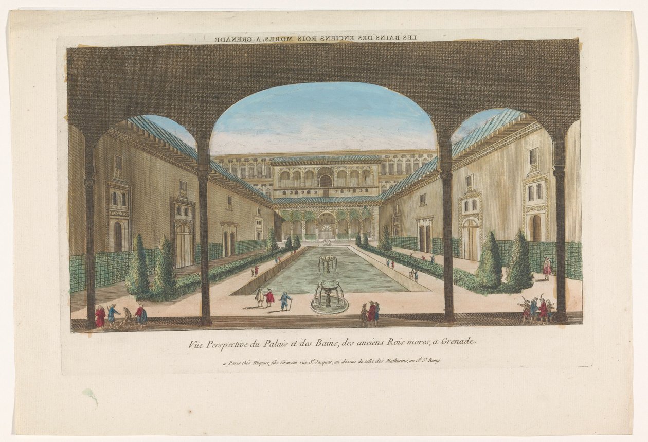 Näkymä Granadan Alhambran sisäpihalle, jossa on suihkulähteitä Les bains des enciens rois Mores, kranaatti (otsikko esineessä) tekijältä Jacques Gabriel Huquier