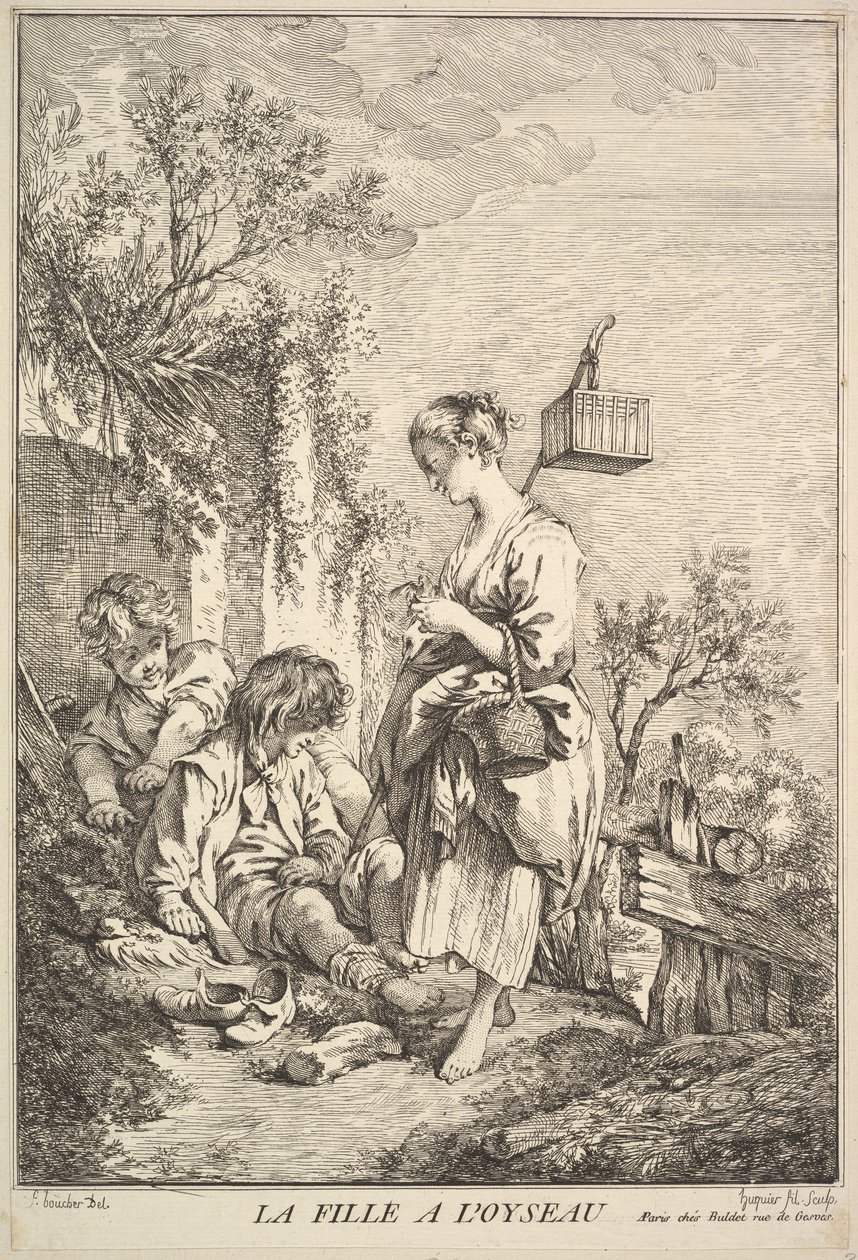 Tyttö linnun kanssa, 1700-luvun puolivälistä loppu. tekijältä Jacques Gabriel Huquier