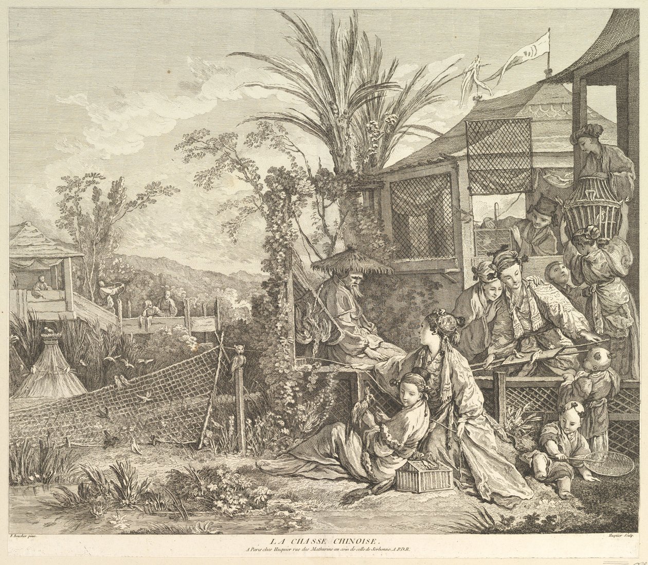 La Chasse Chinoise Kiinan metsästys, Chinoiseriesista, vuoden 1743 jälkeen. tekijältä Jacques Gabriel Huquier