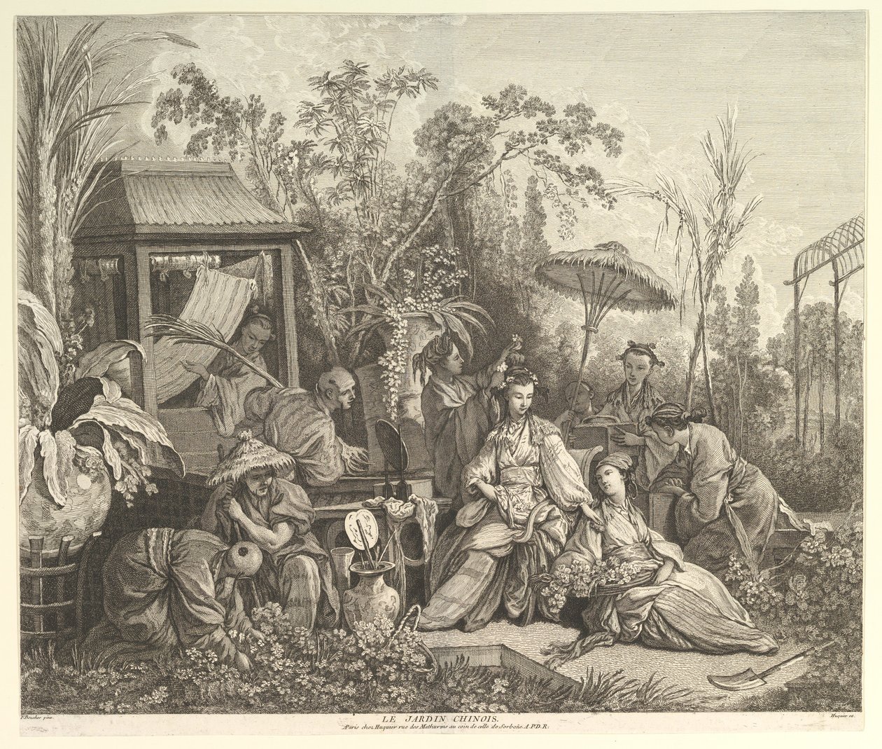 Kiinalainen puutarha, Chinoiseries, vuoden 1743 jälkeen. tekijältä Jacques Gabriel Huquier