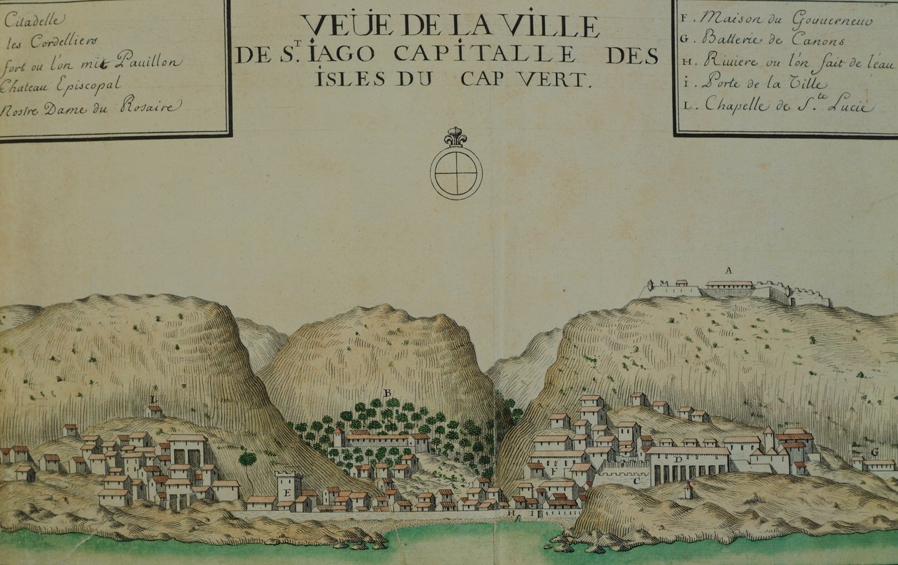 Saint Jagon (Santiago) kaupunki Kap Verdellä, vesiväri Jacques Gouin de Beauchesnen, laivan kapteenin Etelämerellä 1698–1701 pitämästä lokikirjasta. tekijältä Jacques Gouin de Beauchesne
