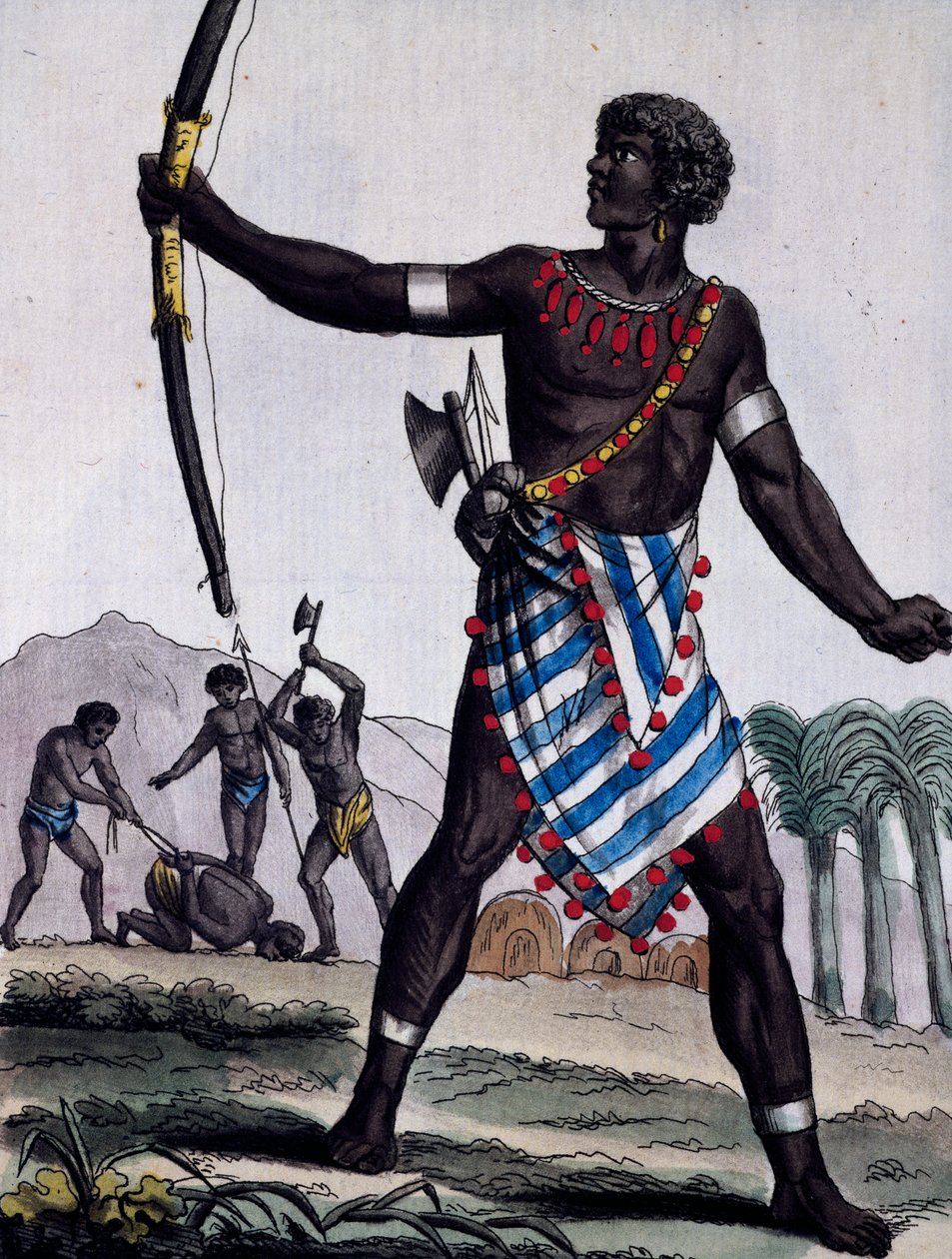 Anzikos soturi, Afrikka, kaiverrus Encyclopedia of Voyages tekijältä Jacques Grasset de Saint Sauveur