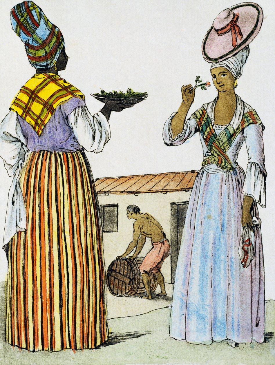 Kukkakaupat Santo Domingossa, värikaiverrus Labroussen piirroksesta (aktiivinen 1796), Encyclopedie des Voyagesista, Jacques Grasset de Saint-Sauveur (1757-1810) tekijältä Jacques Grasset de Saint Sauveur