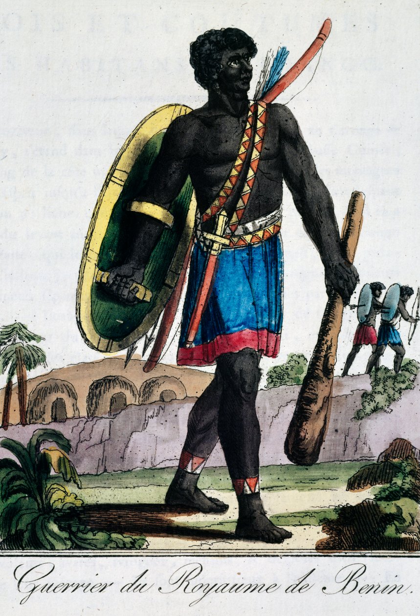 Soturi Beninistä Afrikasta, kaiverrus Travelling encyclopaediasta tekijältä Jacques Grasset de Saint Sauveur