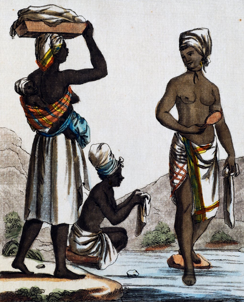 Pesunaiset Santo Domingosta, värikaiverrus Labroussen piirroksesta (aktiivinen 1796), Encyclopedie des Voyagesista, Jacques Grasset de Saint-Sauveur (1757-1810) tekijältä Jacques Grasset de Saint Sauveur