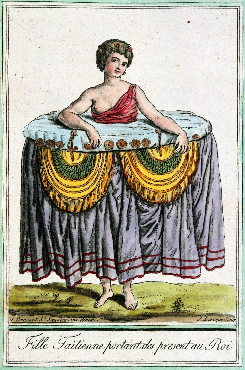 Nuori nainen tarjoaa lahjoja Tahitille, Society Islandsille, Jacques Grasset de Saint-Sauveurin (1757-1810) kaiverrus Encyclopedia of voyages -kirjasta tekijältä Jacques Grasset de Saint Sauveur