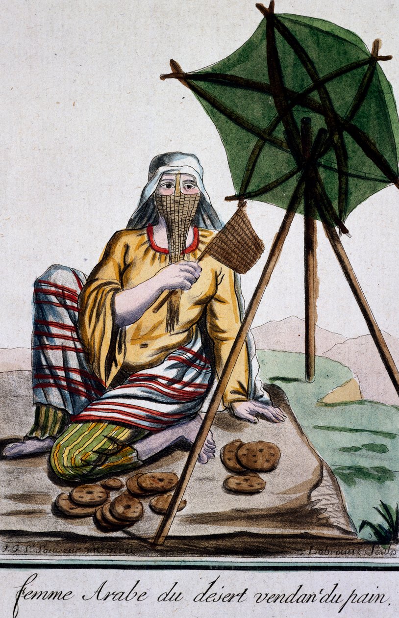 Arabinainen autiomaasta myymässä leipää, kaiverrus Encyclopedie des Voyagesista, kirjoittanut Jacques Grasset de Saint-Sauveur (1757-1810) tekijältä Jacques Grasset de Saint Sauveur