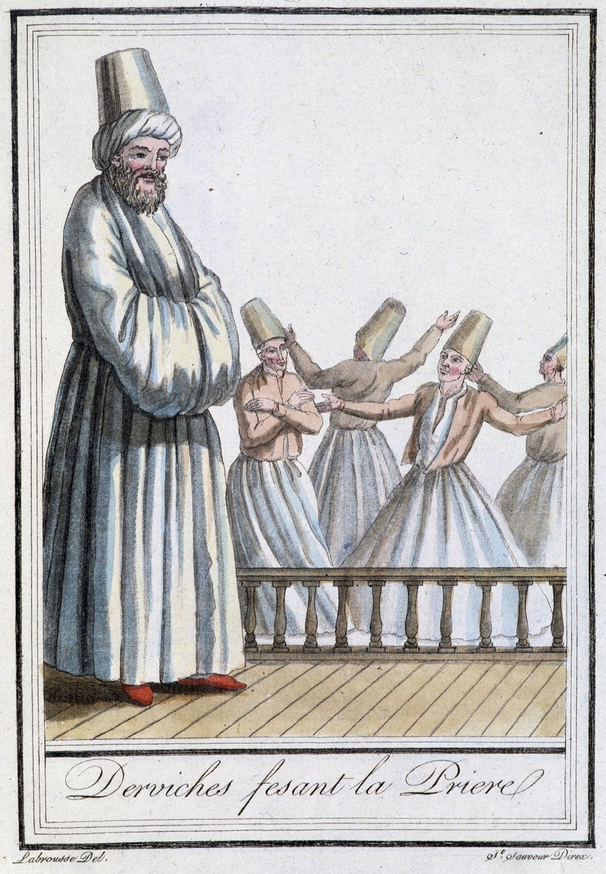 Dervishit rukoilevat (Pyörittelevät dervishit) - Grasset Saint Sauveurin teoksessa Encyclopédie des voyages, toim. Pariisi 1796 tekijältä Jacques Grasset de Saint Sauveur
