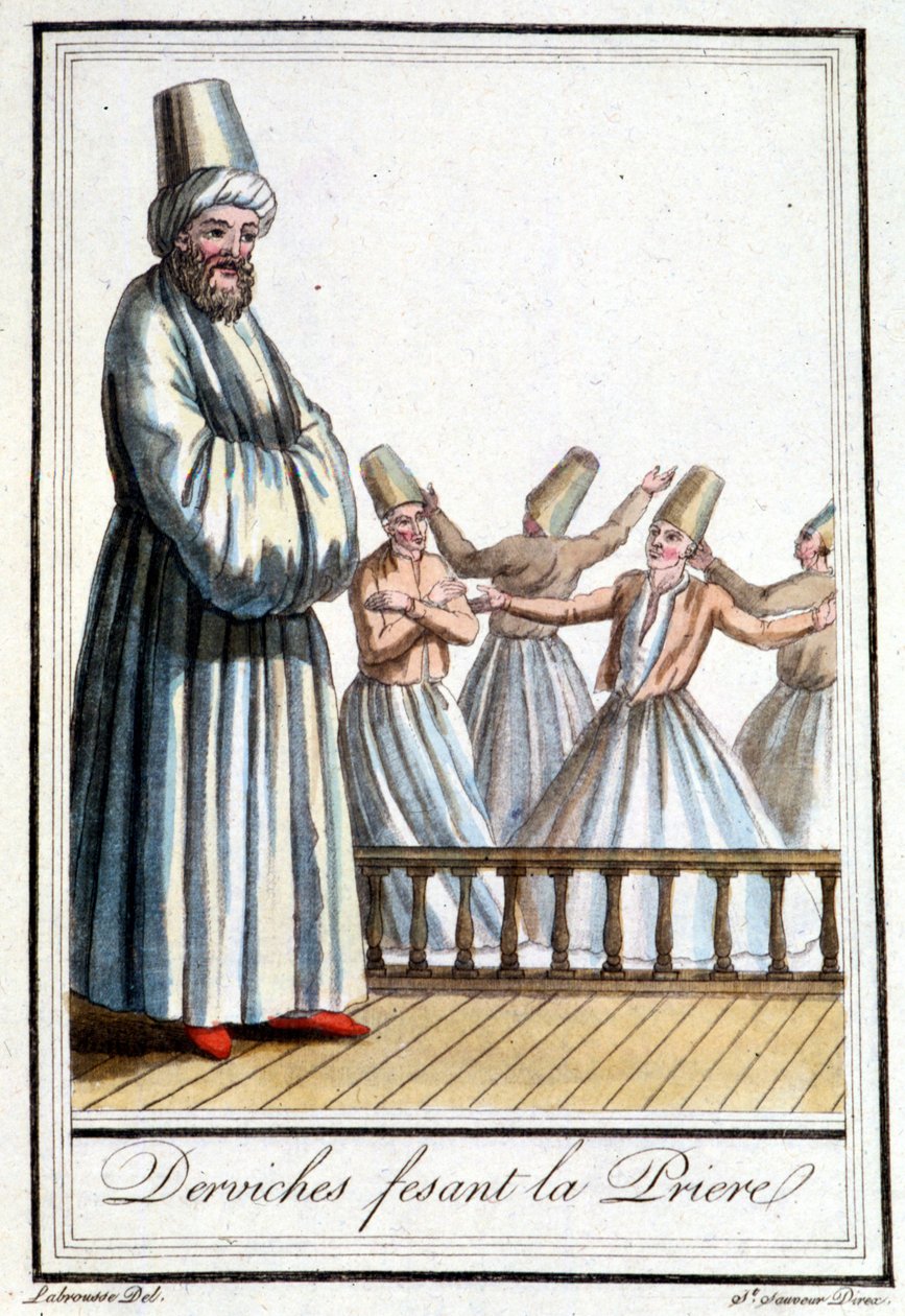 Dervishit rukoilevat (Pyörittelevät dervishit) - Grasset Saint Sauveurin teoksessa Encyclopédie des voyages, toim. Pariisi 1796 tekijältä Jacques Grasset de Saint Sauveur