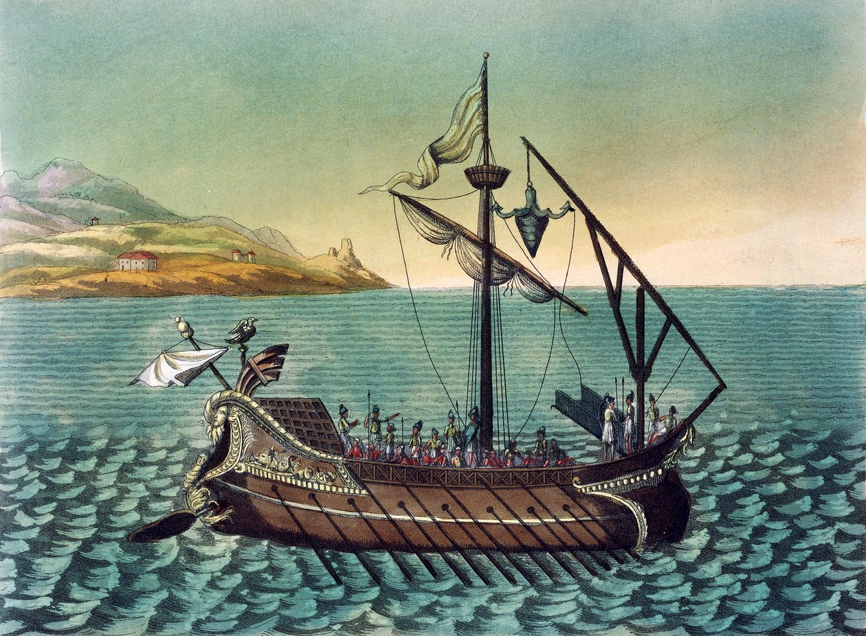 Jacques Grasset de Saint-Sauveurin (1757-1810) Duilius Corvus (istuinlaite) roomalaisella keittiön sota-aluksella, kaiverrus muinaisesta Roomasta tekijältä Jacques Grasset de Saint Sauveur