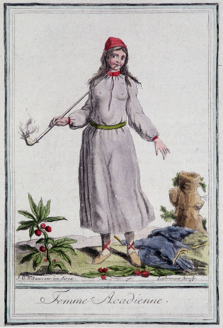 Acadian nainen - kirjassa "" Encyclopedia of travels"", kirjoittanut Grasset St Sauveur, toim. 1796 tekijältä Jacques Grasset de Saint Sauveur