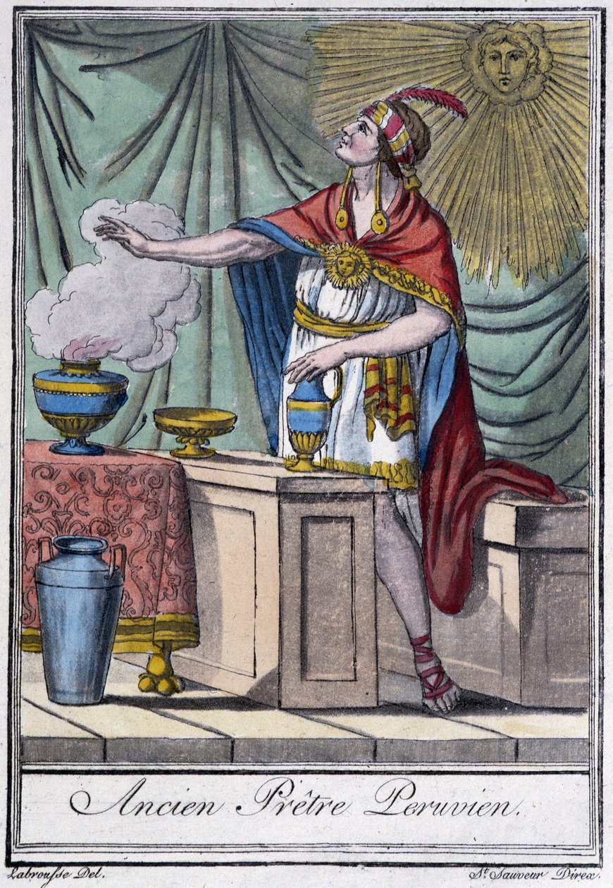 Entinen perulainen pappi (inka) - J. Grasset-Saint-Sauveurin "" Encyclopedia of Travels" -julkaisussa, Pariisi tekijältä Jacques Grasset de Saint Sauveur