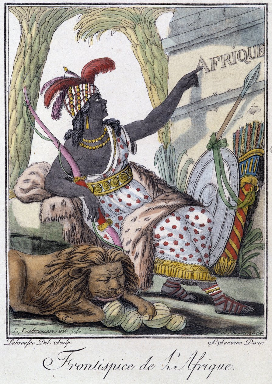 Frontispiece of Africa - julkaisussa "" Encyclopedia of Travels"", kirjoittanut Grasset St Sauveur, toim. 1796 tekijältä Jacques Grasset de Saint Sauveur