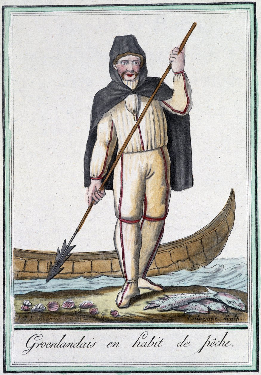 Grönlantilaiset kalastusvarusteissa - Grasset Saint Sauveurin "" Encyclopédie des voyages -kirjassa, toim. Pariisi 1796 tekijältä Jacques Grasset de Saint Sauveur