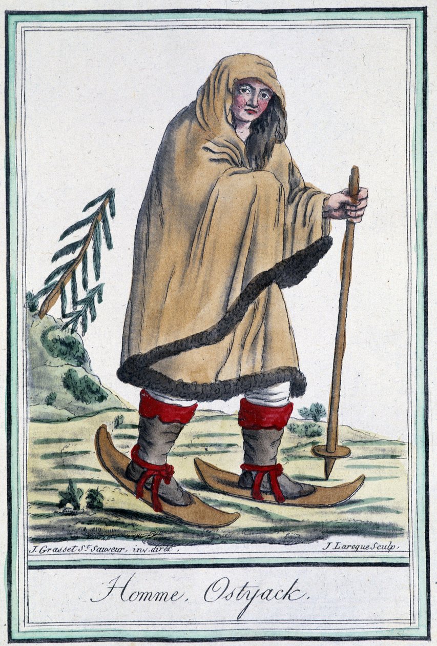 Ostyack mies suksilla - Grasset Saint Sauveurin "" Encyclopédie des voyages -kirjassa, toim. Pariisi 1796 tekijältä Jacques Grasset de Saint Sauveur