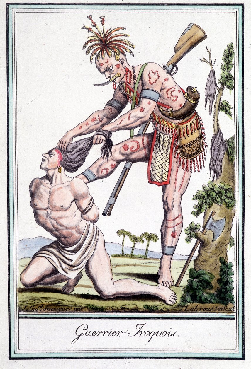 Irokeesisoturi skalpomassa vihollistaan - Grasset St Sauveurin, Pariisin "" Encyclopedia of travels -kirjassa" tekijältä Jacques Grasset de Saint Sauveur