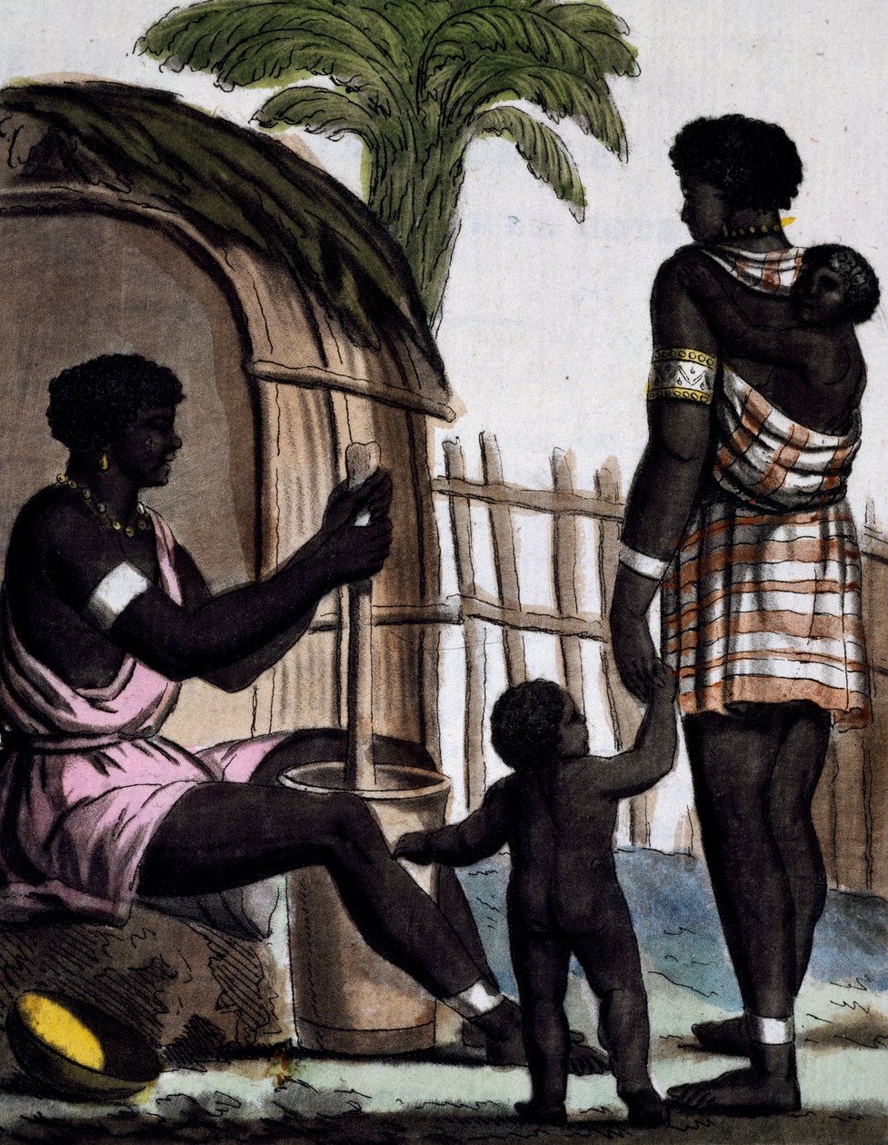 Issinian naiset riisiä työstämässä, värikaiverrus Labroussen piirroksesta (aktiivinen 1796), Encyclopedia of voyages -julkaisusta, kirjoittanut Jacques Grasset de Saint-Sauveur (1757-1810) tekijältä Jacques Grasset de Saint Sauveur