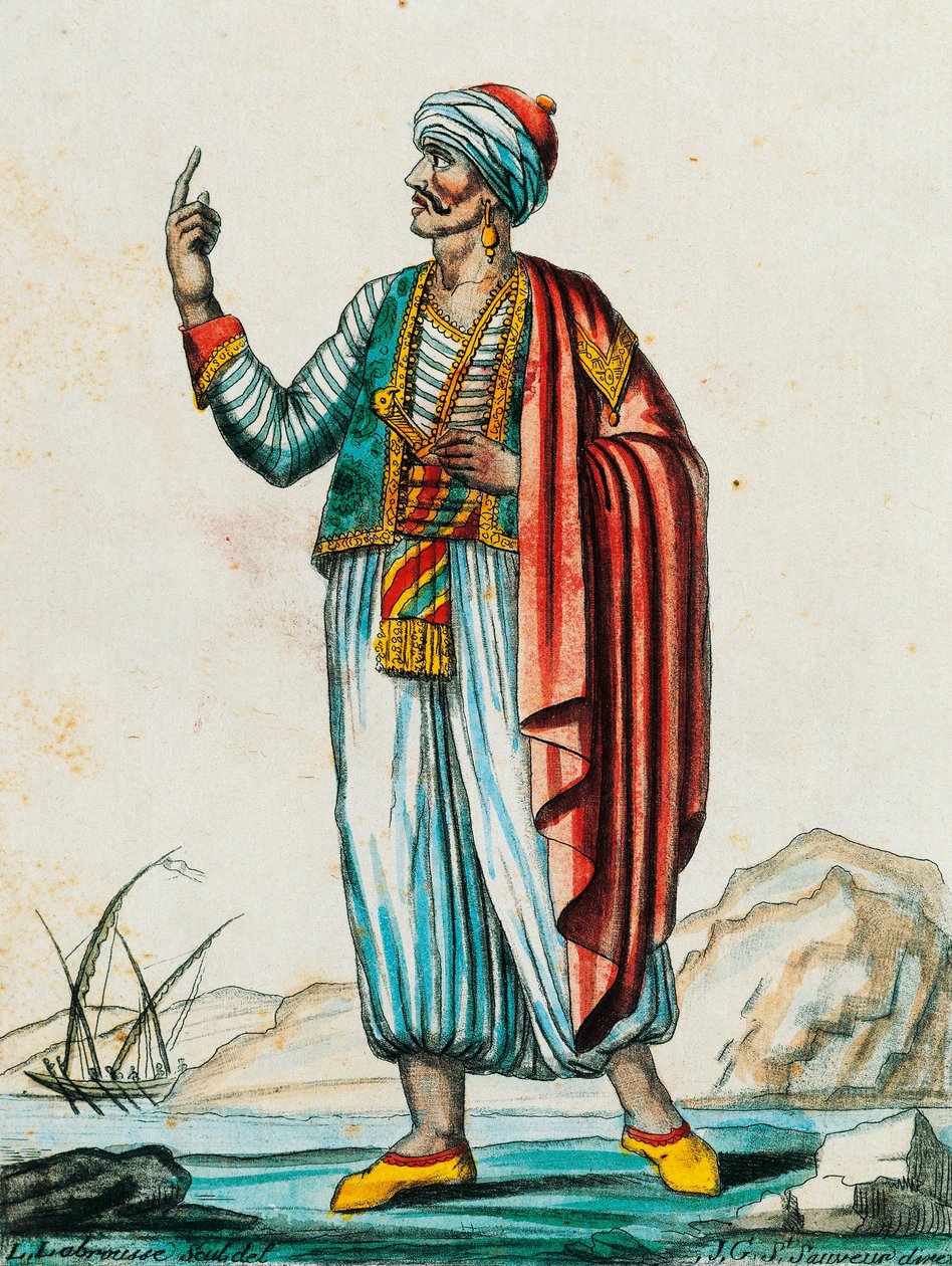 Miesten puku barbaari- ja muslimivaltioista, värikaiverrus Labroussen piirroksesta (aktiivinen 1796), Encyclopedie des Voyagesista, Jacques Grasset de Saint-Sauveur (1757-1810) tekijältä Jacques Grasset de Saint Sauveur