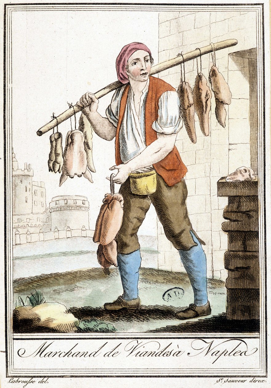 Lihakauppias Napolissa - Grasset St Sauveurin, Pariisin "" Encyclopedia of travels" -julkaisussa tekijältä Jacques Grasset de Saint Sauveur