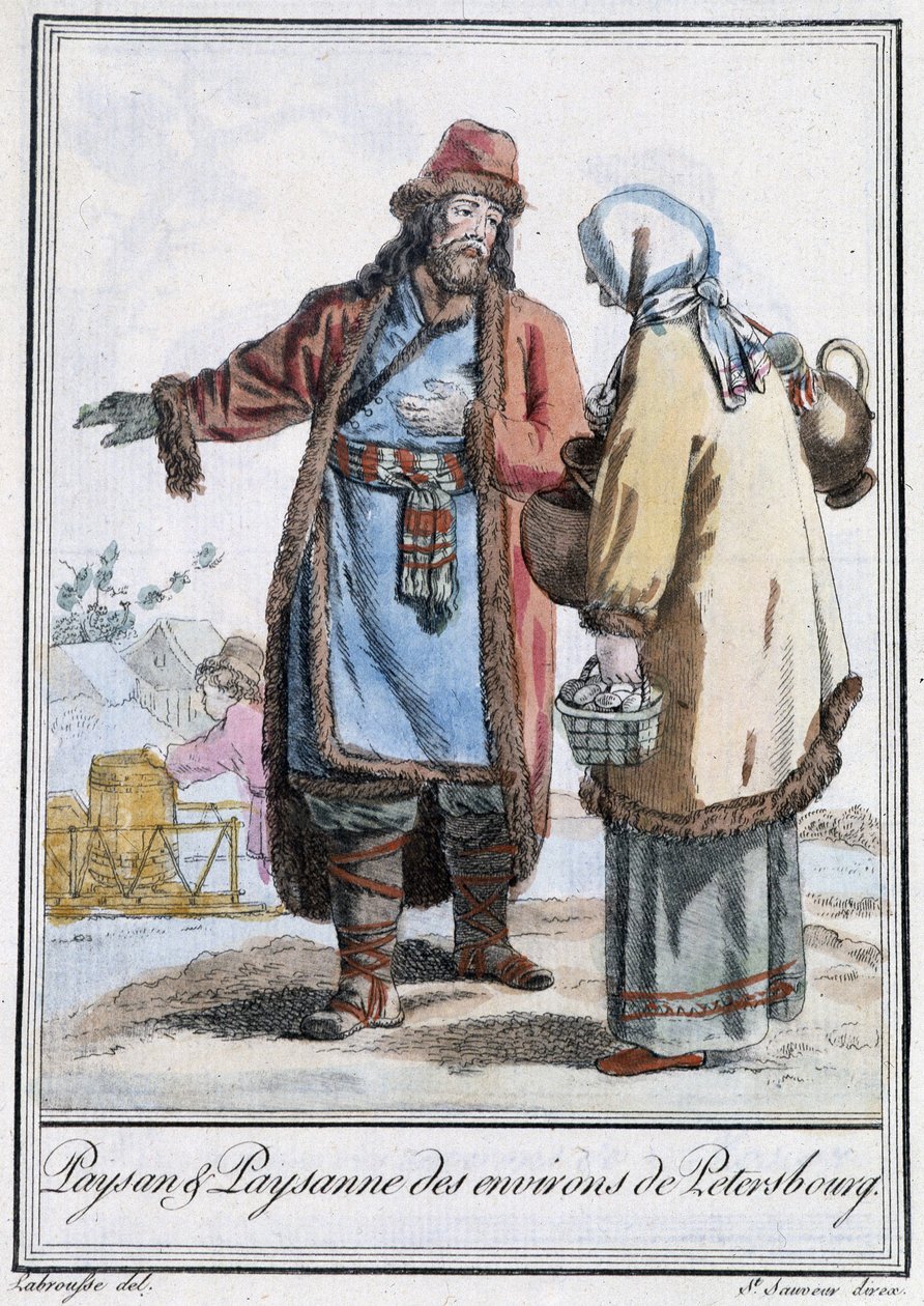 Talonpoika ja Pietarin talonpoika - Grasset St Sauveurin "" Encyclopedia of Travels" -julkaisussa, toim. 1796 tekijältä Jacques Grasset de Saint Sauveur