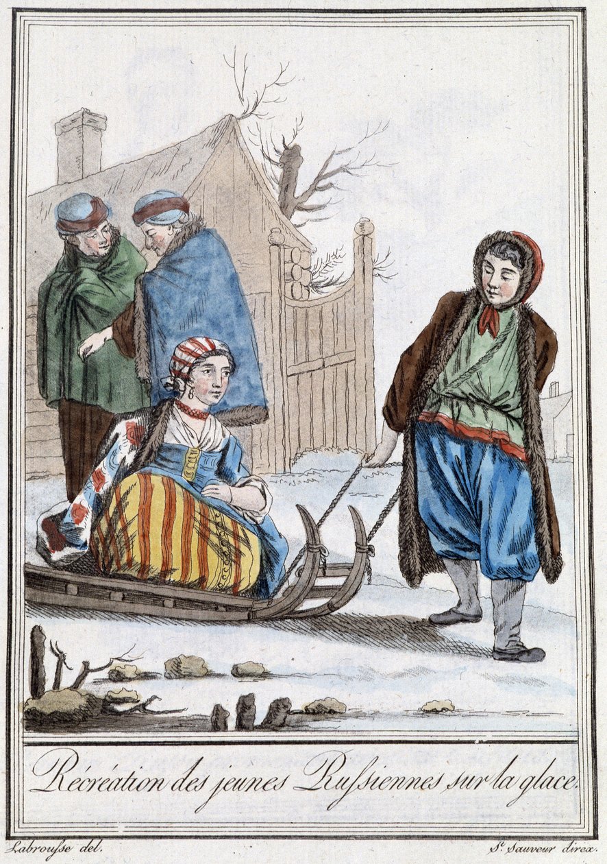 Nuorten venäläisten virkistys kelkkailussa (venäläiset) - Grasset Saint Sauveurin "" Encyclopedia of Travels" -julkaisussa, toim. Pariisi 1796 tekijältä Jacques Grasset de Saint Sauveur