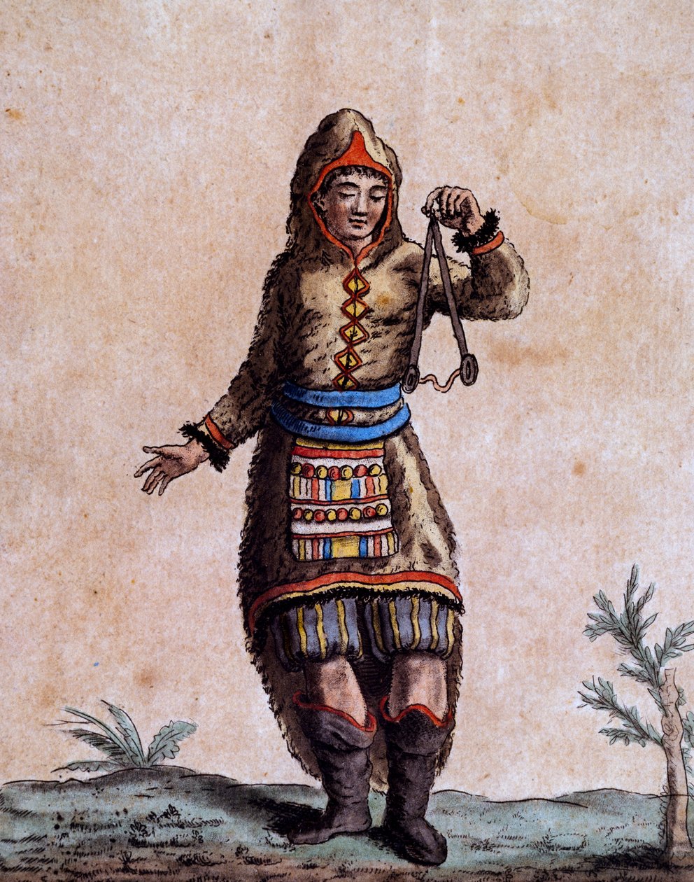 Nainen Hudson Baysta perinteisessä asussa, värikaiverrus Laroque, Encyclopedia of voyages, kirjoittanut Jacques Grasset de Saint-Sauveur (1757-1810) tekijältä Jacques Grasset de Saint Sauveur