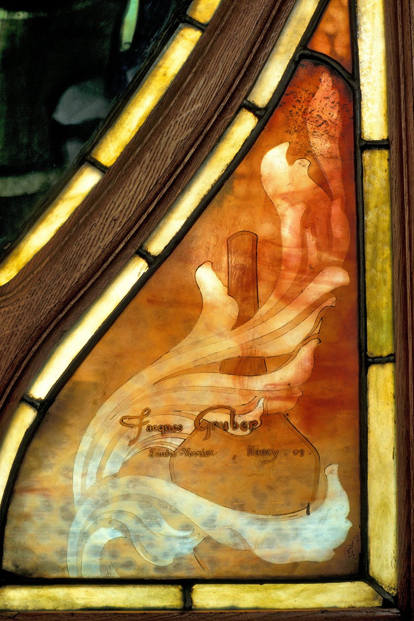 Nancy (osasto 54), Art Nouveau, Kauppa- ja pörssikamari, Jacques Gruberin (1870-1936) lasimaalauksen allekirjoitus tekijältä Jacques Gruber