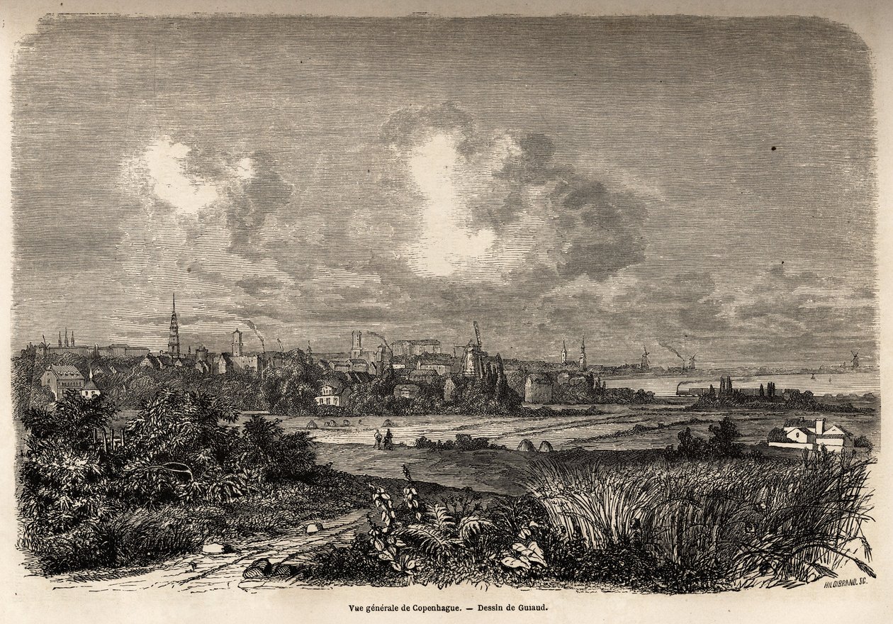 Yleiskuva Kööpenhaminasta, piirustus Jacques Guiaud (1810-1876), havainnollistamaan J.M.Dargaudin matkaa Tanskaan (1800-1860) vuonna 1860. Kaiverrus kirjaan "" Le tour du monde", toimittanut Edouard Charton tekijältä Jacques Guiaud