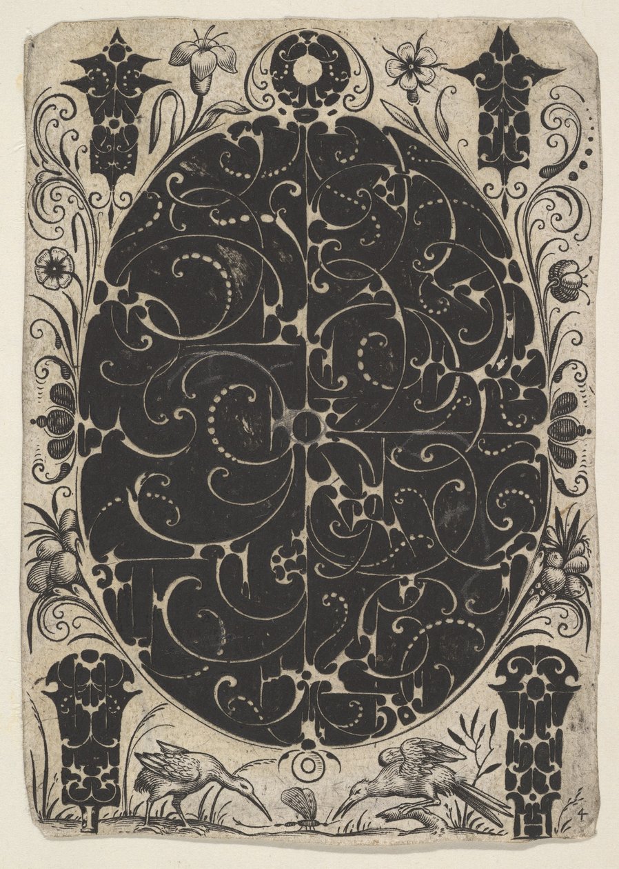 Soikea kotelo, joka on koristeltu Schweifwerkillä kahdessa vaihtoehdossa, pienten kuvioiden ympäröimänä..., n. 1614-19. tekijältä Jacques Hurtu