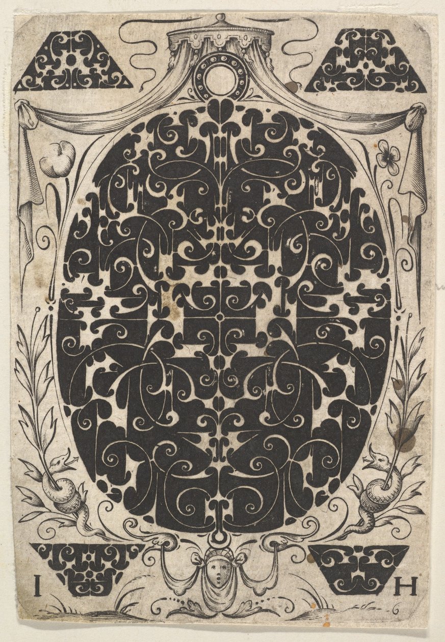 Soikea riipus koristeltu Schweifwerkillä, ympäröity pienemmillä motiiveilla ja kruunuilla, n. 1614-19. tekijältä Jacques Hurtu