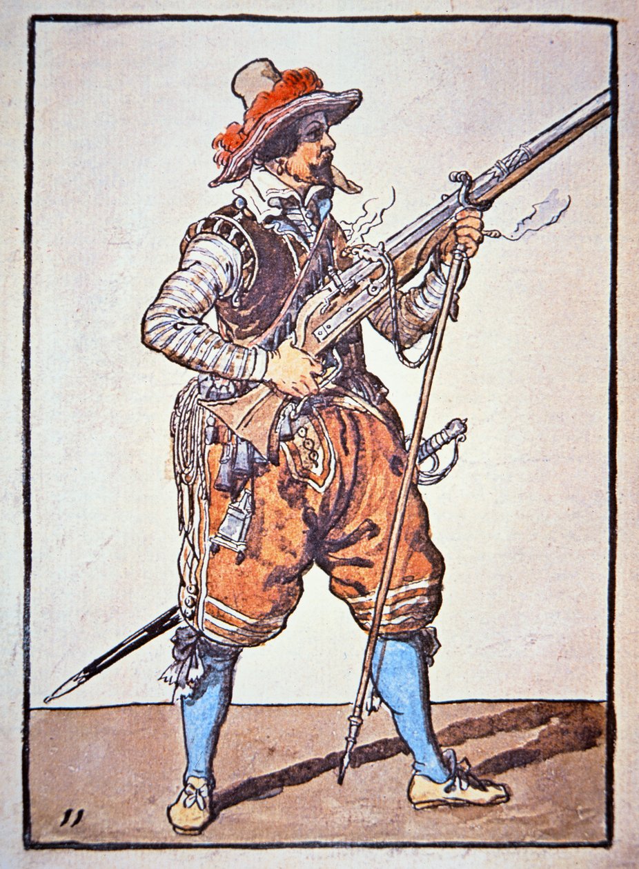 Arquebusier aseistautunut tulitikkulukkomusketilla, kuva "Manual of Arms" tekijältä Jacques II de Gheyn