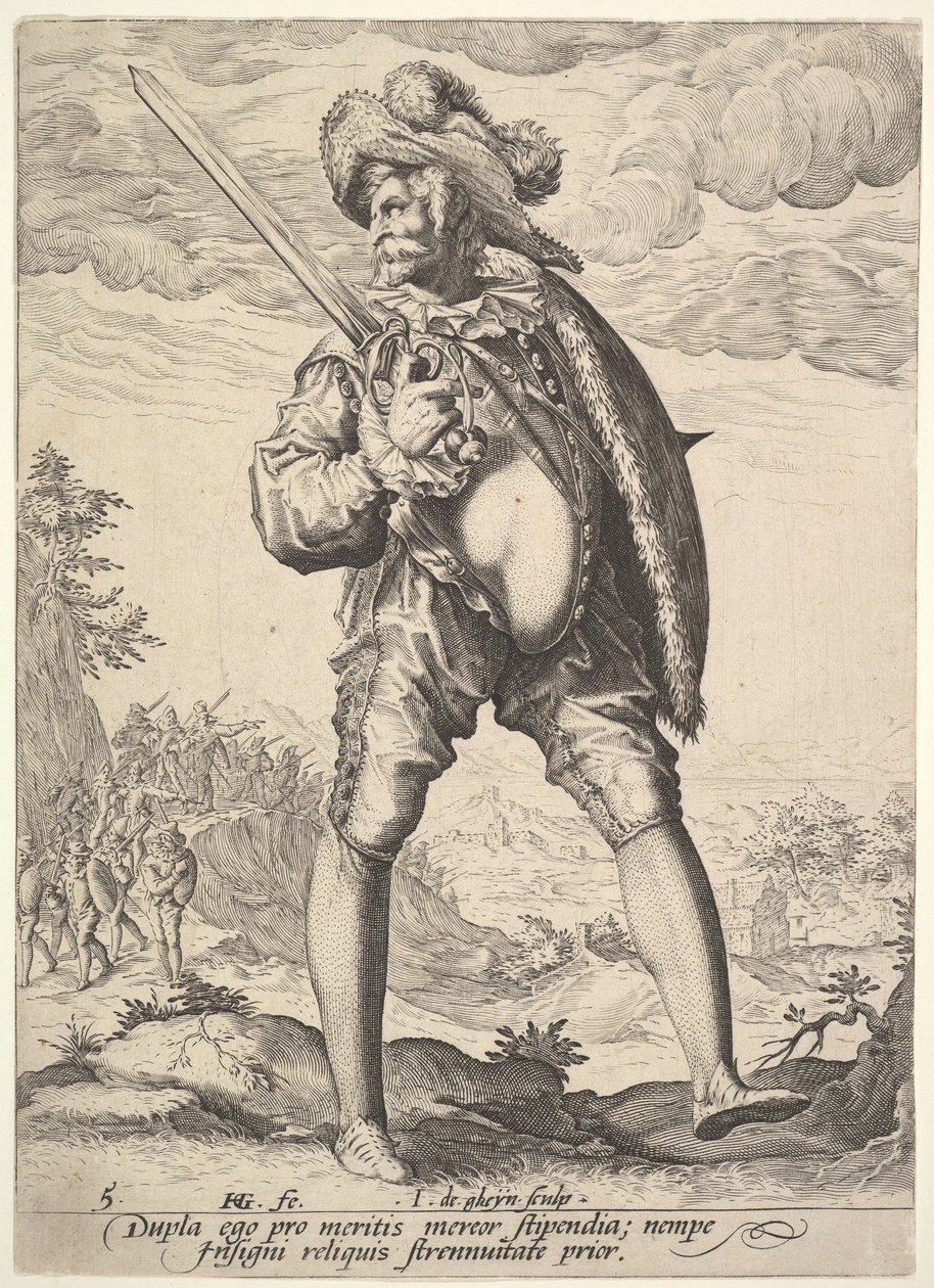 Sotilas, leveämiekalla ja kilvellä aseistettu, Upseerit ja sotilaat, 1587. tekijältä Jacques II de Gheyn